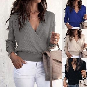 Fall Women Clothing Long Sleeved Deep V Neck Cross